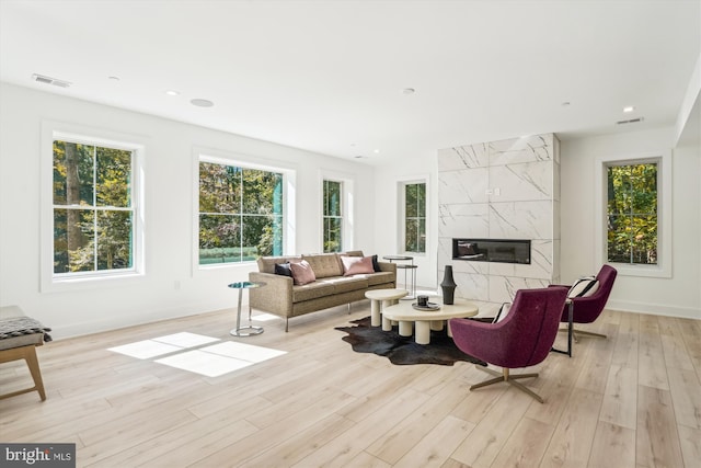 living room with light hardwood / wood-style floors and a premium fireplace