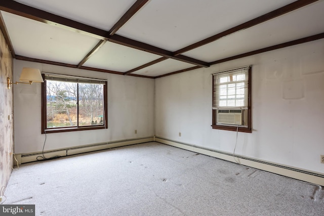 carpeted empty room with beamed ceiling, a baseboard heating unit, and cooling unit