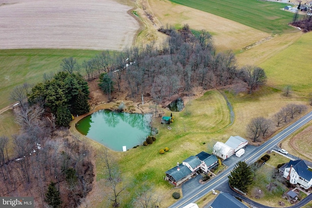 aerial view featuring a water view and a rural view