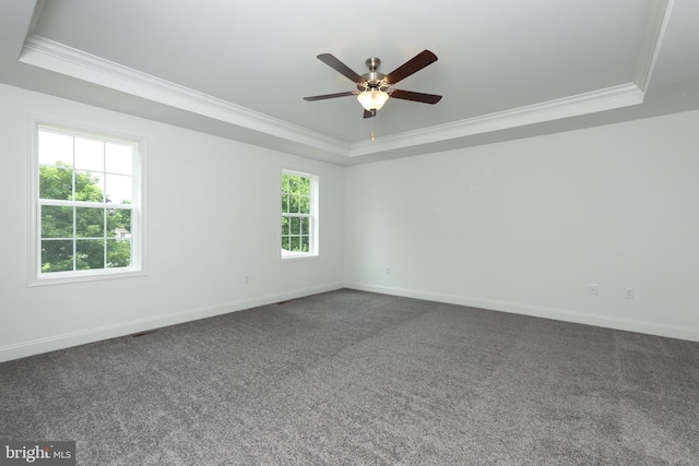 carpeted spare room featuring ceiling fan, ornamental molding, and a raised ceiling