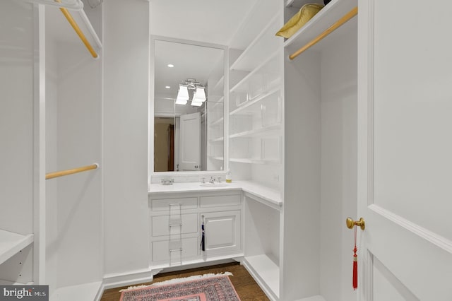 bathroom featuring vanity and hardwood / wood-style floors