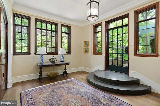 foyer entrance with an inviting chandelier, hardwood / wood-style floors, and crown molding