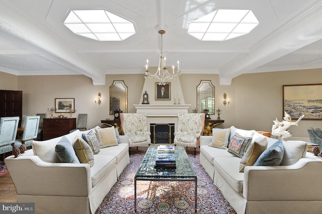 living room with beamed ceiling, crown molding, hardwood / wood-style floors, and an inviting chandelier