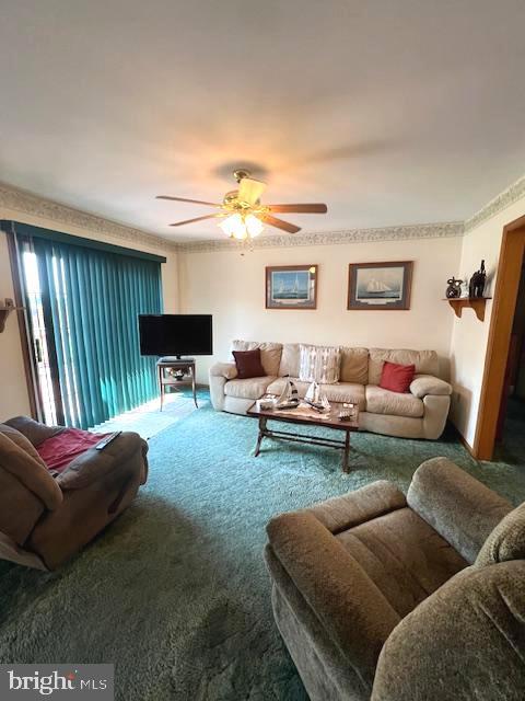 living room with ceiling fan and carpet