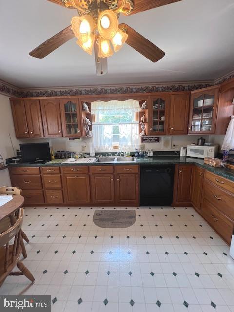 kitchen featuring ceiling fan, dishwasher, and sink