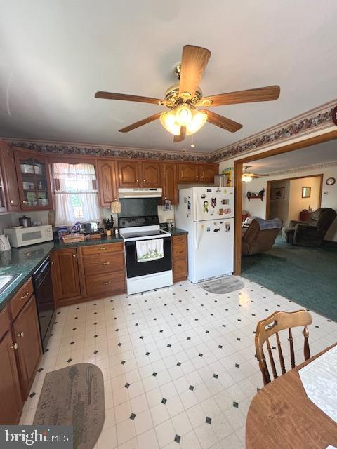 kitchen with ceiling fan and white appliances