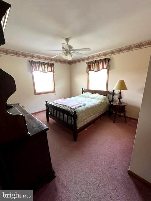 bedroom with crown molding, ceiling fan, and dark colored carpet