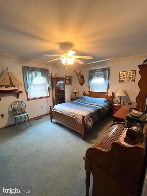 bedroom featuring crown molding, ceiling fan, and carpet