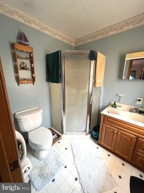 bathroom featuring vanity, toilet, and a shower with shower door