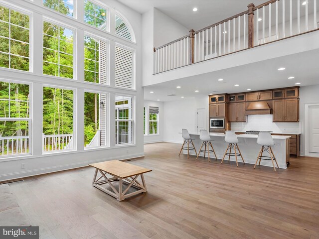 living room with light hardwood / wood-style floors and a high ceiling