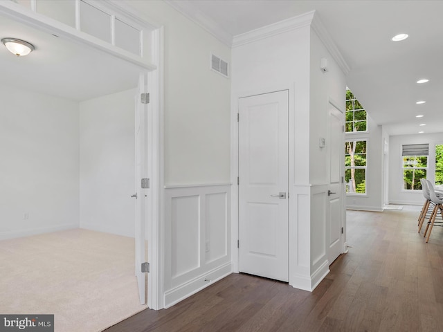 corridor with ornamental molding and dark hardwood / wood-style floors