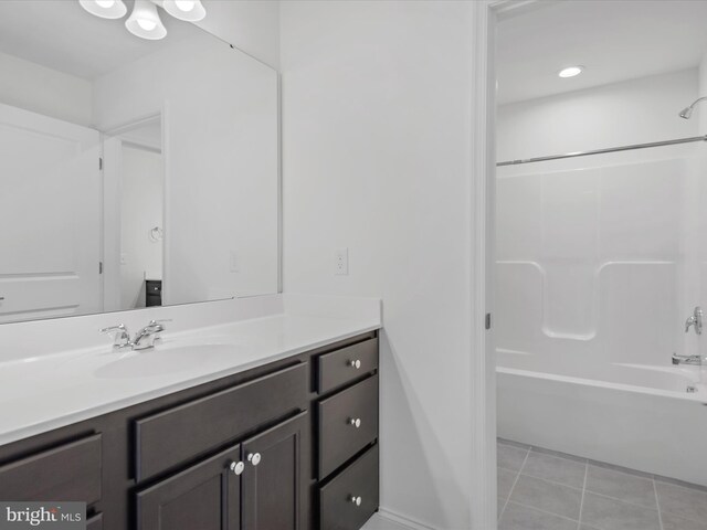 bathroom featuring shower / washtub combination, tile patterned flooring, and vanity