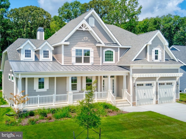 view of front facade with a garage, a front yard, and covered porch