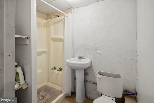 bathroom with toilet, sink, and a shower with shower curtain