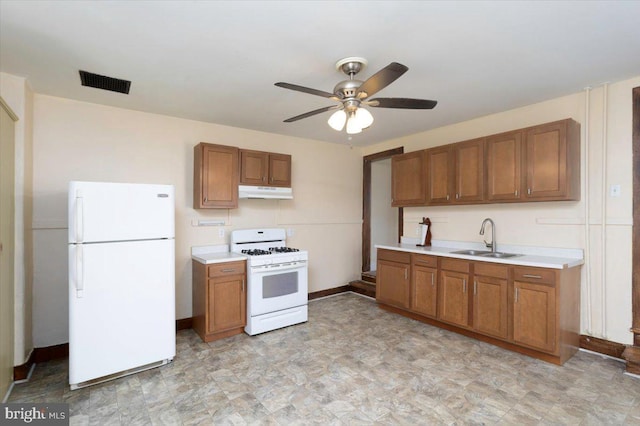 kitchen with sink, white appliances, and ceiling fan