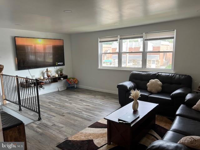 living room with wood-type flooring and plenty of natural light