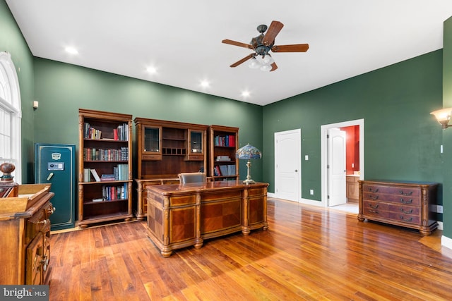 office area featuring ceiling fan and light hardwood / wood-style flooring