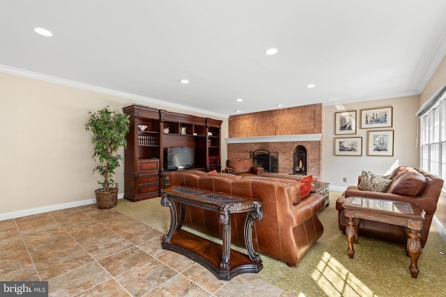 living room with a brick fireplace and crown molding