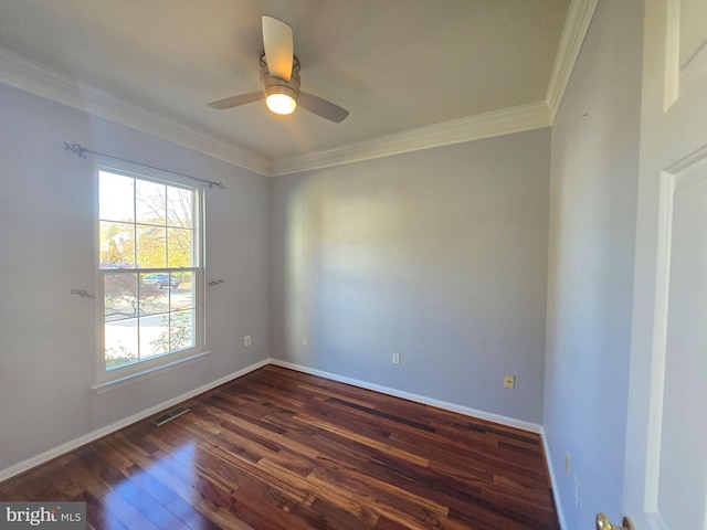 unfurnished room with ornamental molding, ceiling fan, and dark hardwood / wood-style flooring