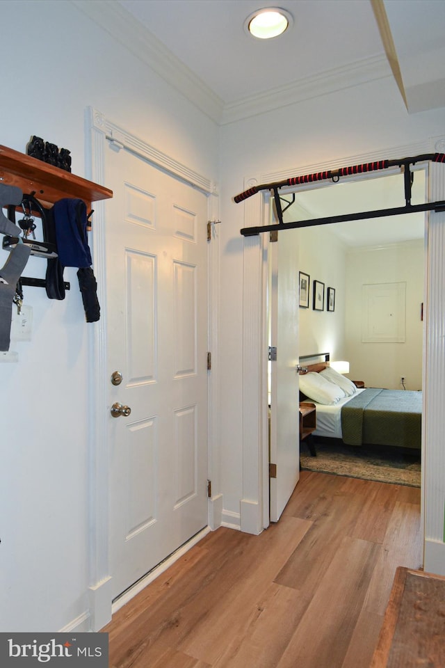 entryway featuring ornamental molding and wood-type flooring