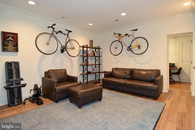 living room featuring ornamental molding and light hardwood / wood-style flooring