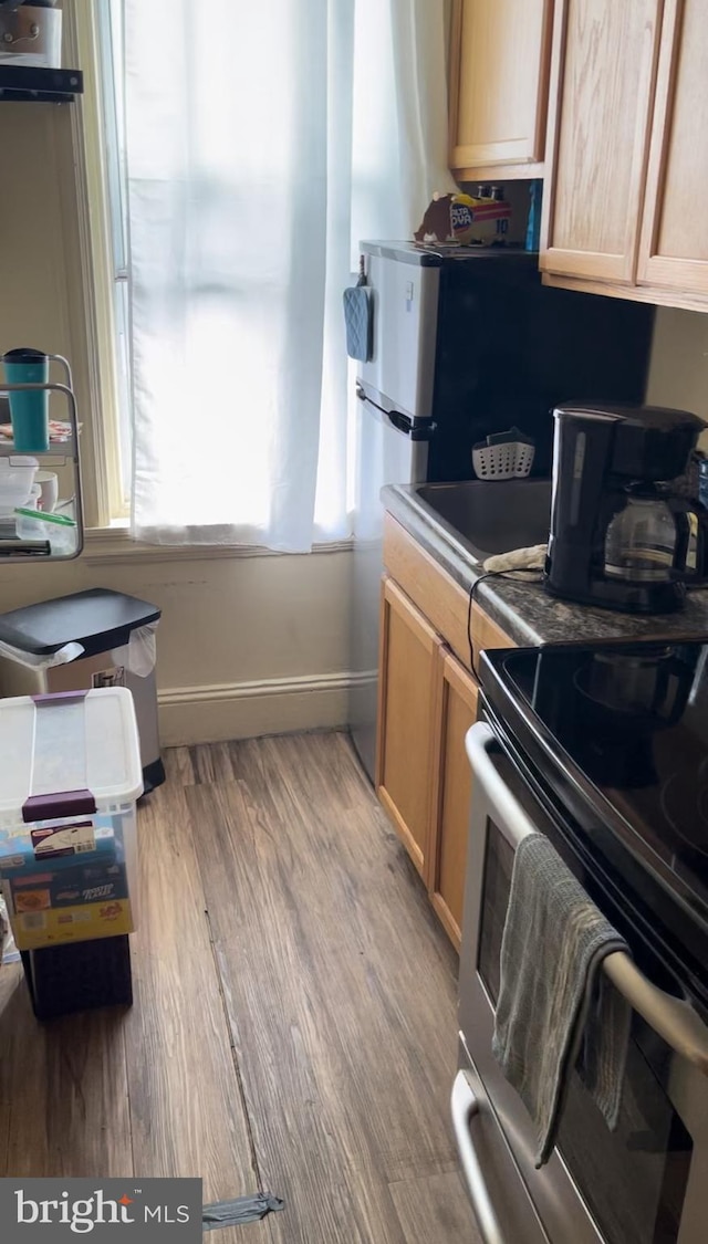 kitchen featuring light hardwood / wood-style flooring, light brown cabinets, and electric stove