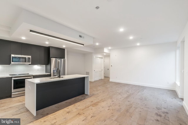 kitchen with appliances with stainless steel finishes, tasteful backsplash, a kitchen island with sink, sink, and light wood-type flooring