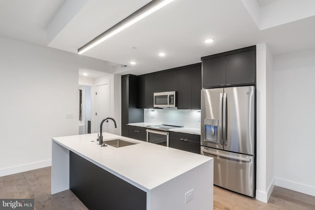 kitchen featuring an island with sink, backsplash, stainless steel appliances, and light wood-type flooring