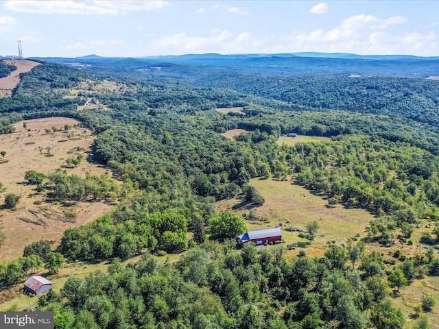 aerial view featuring a wooded view and a mountain view