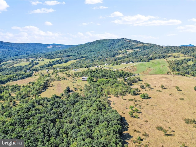 birds eye view of property featuring a wooded view and a mountain view