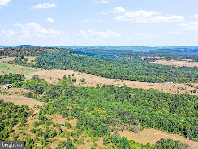 aerial view featuring a wooded view