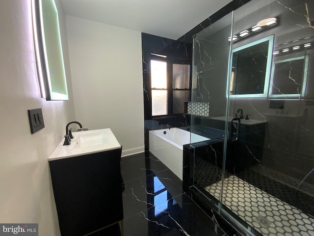 bathroom with tile patterned flooring, vanity, and independent shower and bath