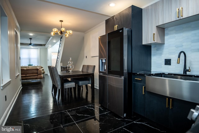 kitchen featuring backsplash, decorative light fixtures, crown molding, black fridge with ice dispenser, and dark wood-type flooring