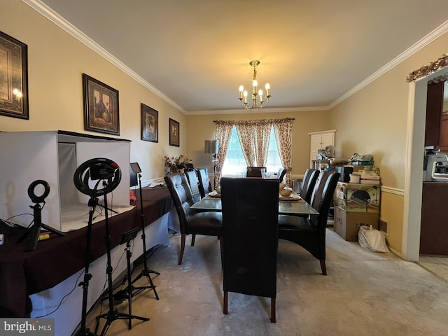 carpeted dining space featuring an inviting chandelier and crown molding