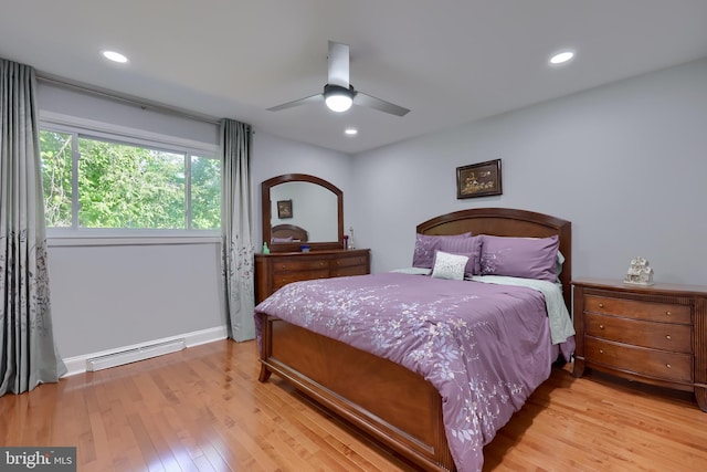 bedroom featuring light hardwood / wood-style floors, a baseboard radiator, and ceiling fan