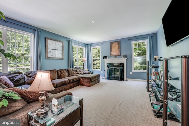 carpeted living room with a fireplace and a wealth of natural light