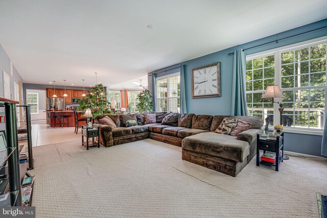 living room with light colored carpet