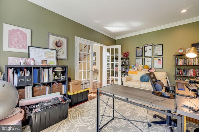 office featuring french doors, ornamental molding, and wood-type flooring