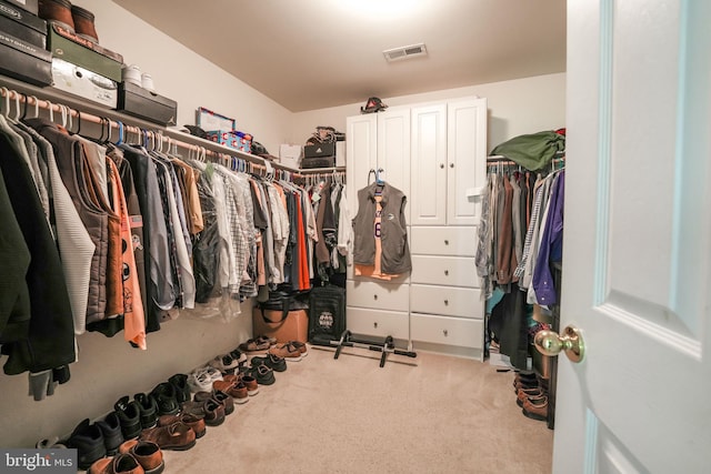 walk in closet featuring light colored carpet