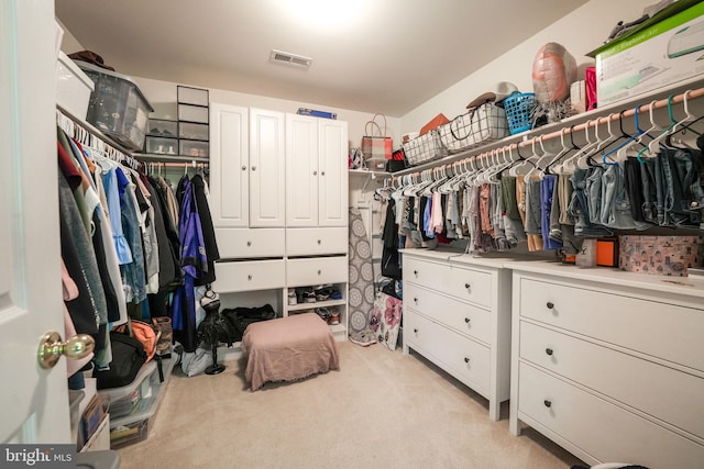 spacious closet featuring light carpet