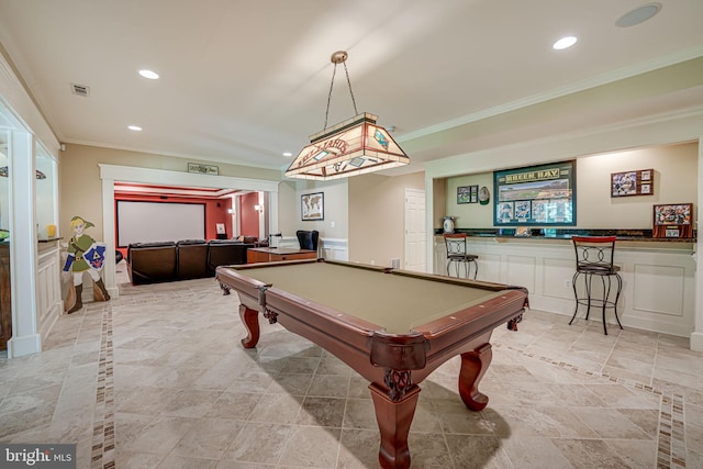 playroom with billiards and ornamental molding