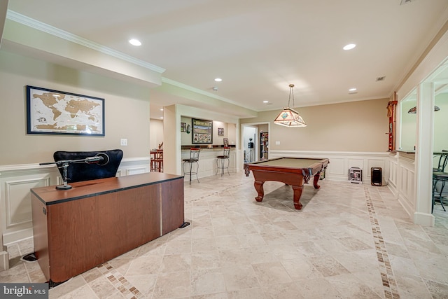 game room featuring indoor bar, ornamental molding, and pool table