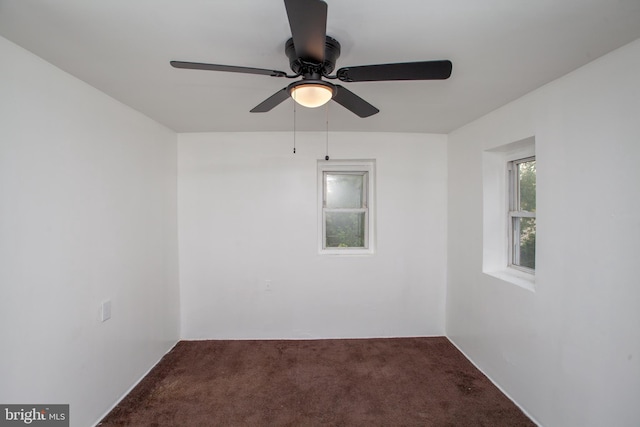 unfurnished room featuring ceiling fan and carpet flooring