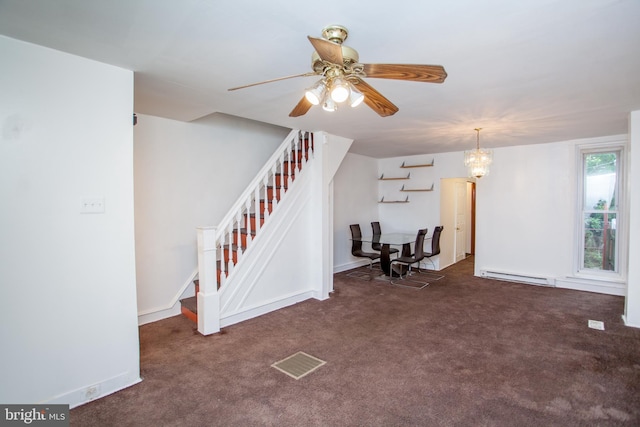 unfurnished living room with dark colored carpet, a baseboard heating unit, and ceiling fan with notable chandelier