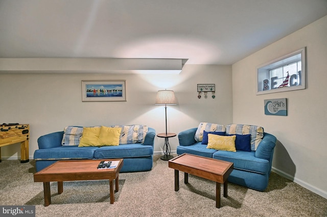 living area with carpet and baseboards