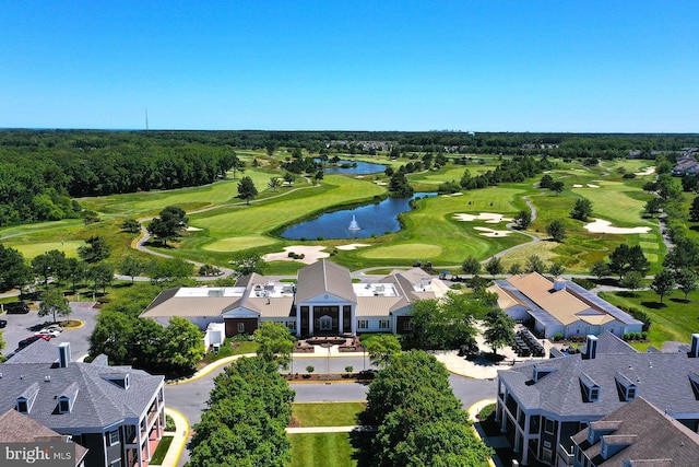 bird's eye view with a water view and golf course view