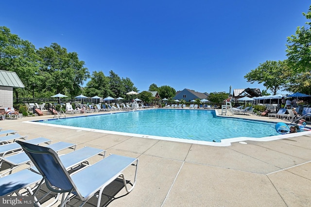 community pool featuring a patio and fence