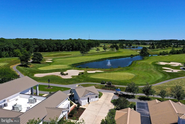 bird's eye view with golf course view and a water view