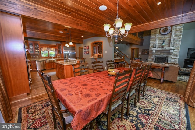 dining area with wood ceiling, a chandelier, and dark wood-style flooring