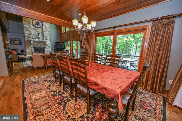 dining room with wood ceiling, a fireplace, a chandelier, and dark wood-type flooring